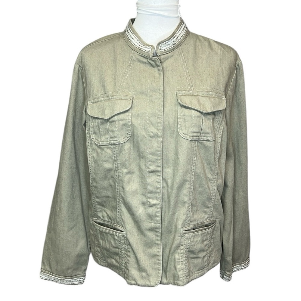 Chico’s Beaded Accent Denim Jacket Tan